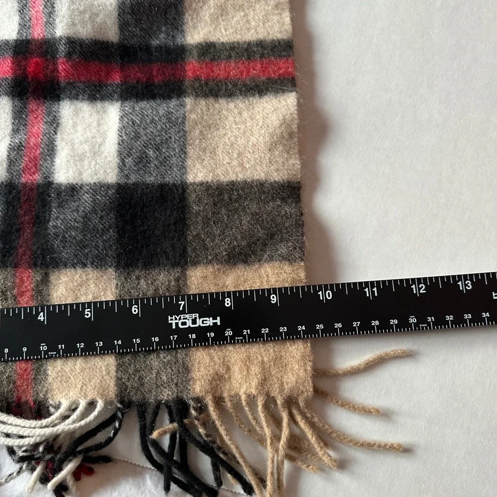 Phenix 100% Cashmere Plaid Scarf Tan Black Red Fringe Unisex Luxury Winter Wrap